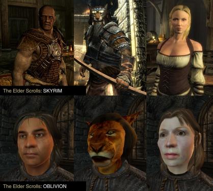Bethesda hat die Darstellung von Gesichtern in Elder Scrolls 5: Skyrim gegenüber dem Vorgänger Oblivion deutlich verbessert. Welche Screenshots welches Spiel zeigen? Na ratet mal!