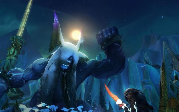 Wildstar: Hoch wie ein Turm ist der Yeti nicht. Das Gebäude im Hintergrund ist ein weit entfernter Quest-Hub, bevor Ihr hinlauft muss der Yeti dran glauben...