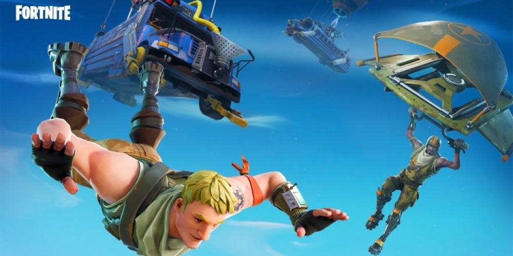 Artwork zeigt Gleiter nach Absprung aus dem Battle Buss in Fortnite.