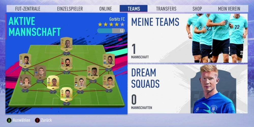 FUT in FIFA 19 im Hauptmenü des Spiels bei der Ansicht der aktiven Mannschaft.