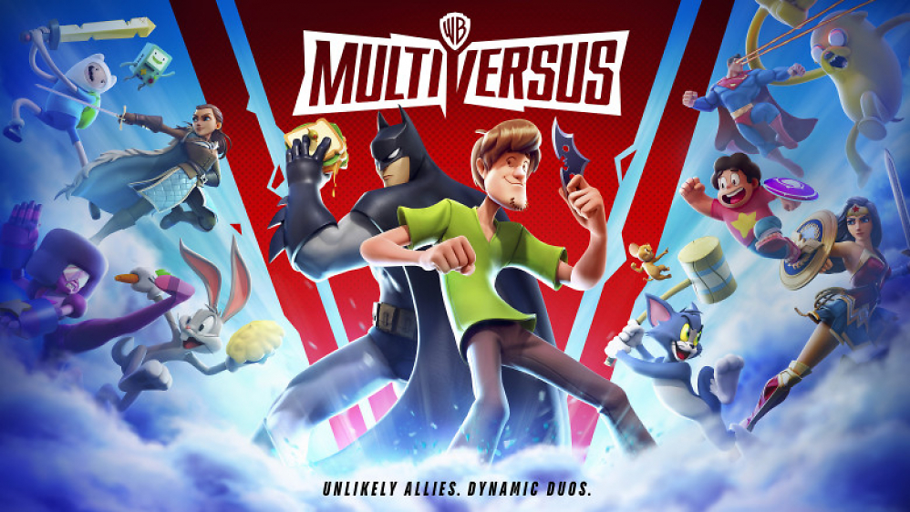 Ein offizielles Poster zu MultiVersus mit Batman und Shaggy und der Mitte. Die anderen Charaktere sind um die beiden herum verteilt.