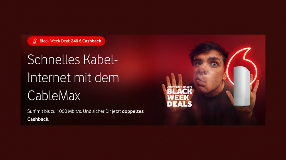 Bei Vodafone Black Week Deal doppelt so viel Geld zurückbekommen: Schnelles Kabel-Internet mit 240 € Cashback