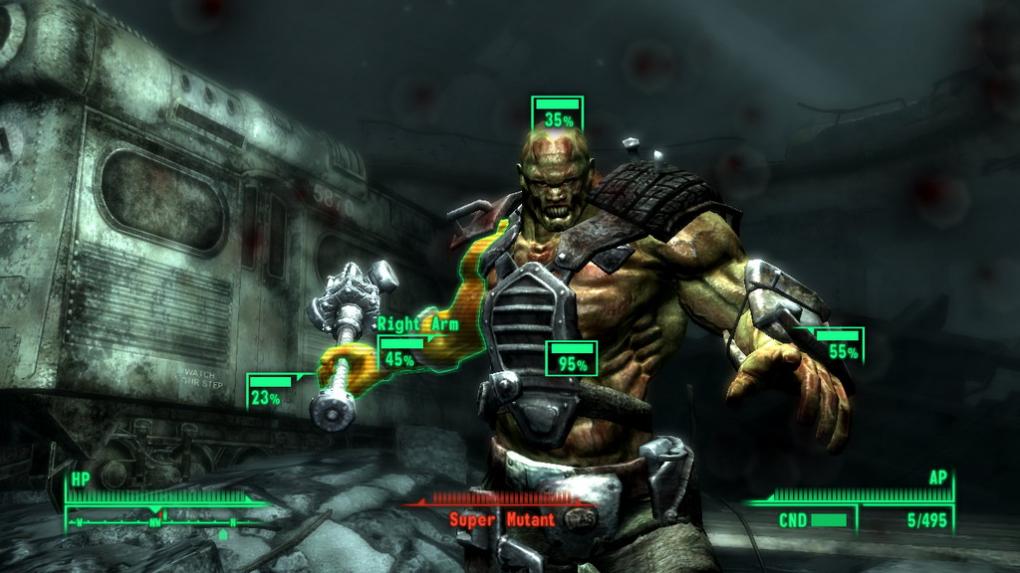 Der V.A.T.S.-Modus aus Fallout 3 ist sehr mächtig. Während das Spiel pausiert, könnt ihr einzelne Körperregionen des Gegners in aller Ruhe anvisieren.
