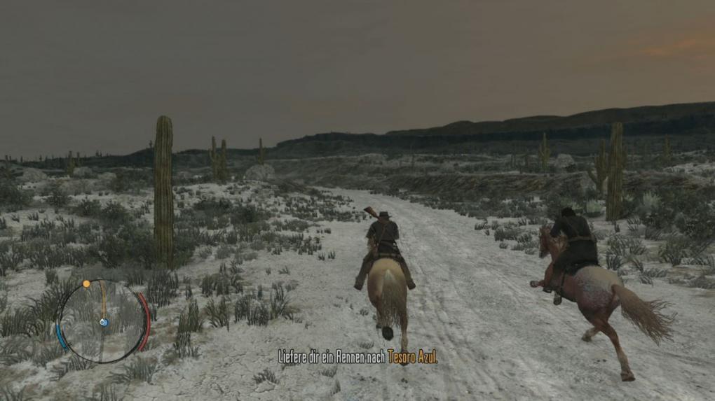 Steigt auf euer Pferd und folgt Captain de Santa nach Tesoro Azul . Ab der Hälfte des Weges liefert ihr euch ein rennen mit dem Offizier - ein Sieg ist jedoch nicht zwingend nötig. 