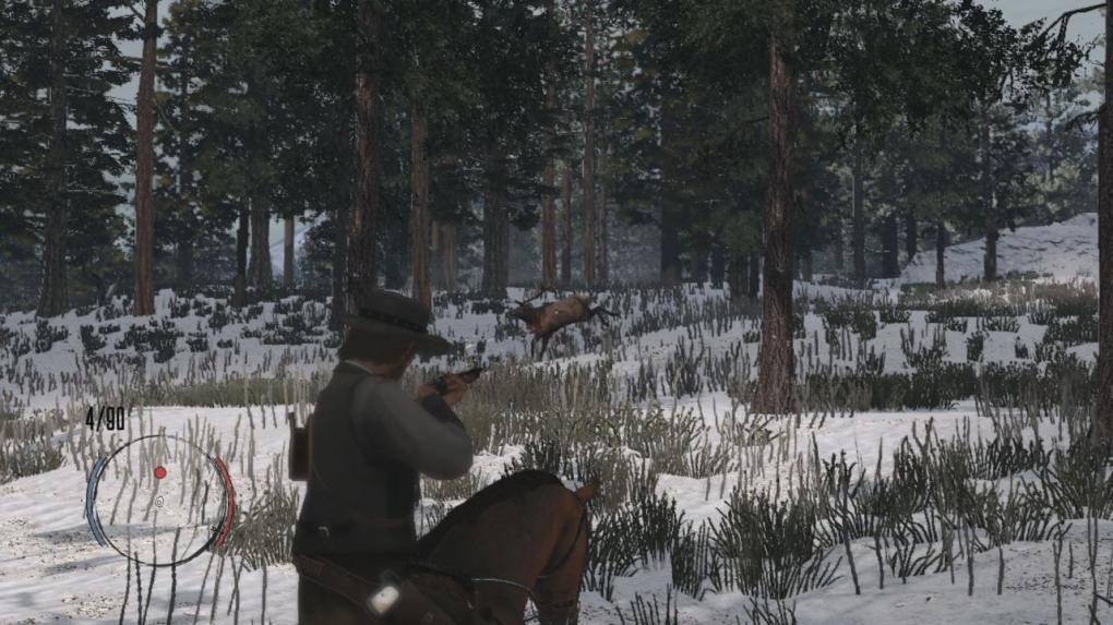 Habt ihr den Wapiti erreicht, erledigt ihr das Tier. Anschließend steigt ihr von eurem Pferd und häutet das geschossene Wild.
