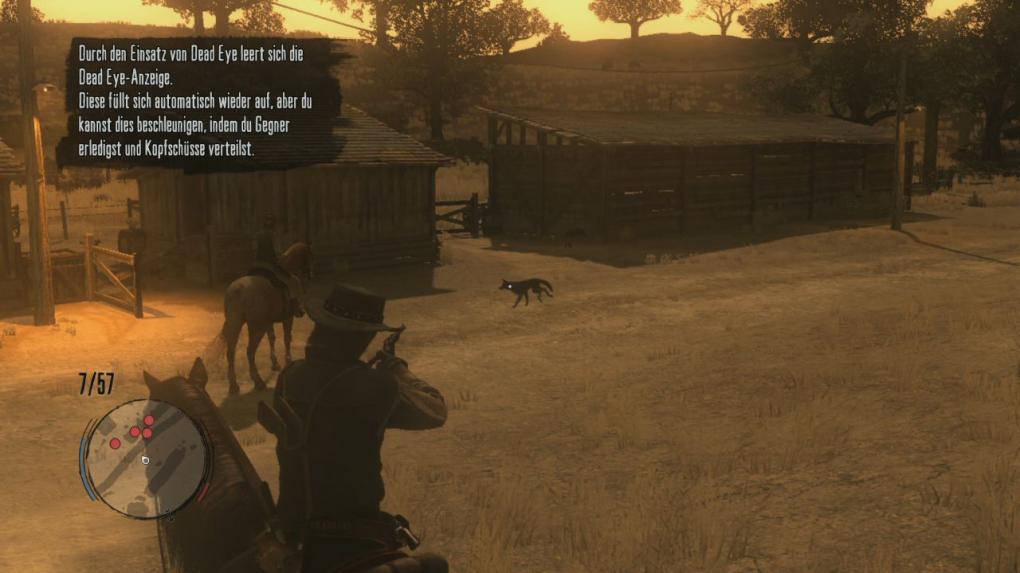 Anschließend geht es weiter Richtung Hühnerhof, auf dem ein Rudel Kojoten versucht die Nutztiere zu fangen. Da die Kojoten ziemlich schnell unterwegs sind, benutzt ihr am besten euer 'Dead Eye', um die Spielgeschwindigkeit für einen kurzen Moment zu verlangsamen. Nach erfolgreicher Kojoten-Jagd, geht es zurück zu Bonnies Haus.