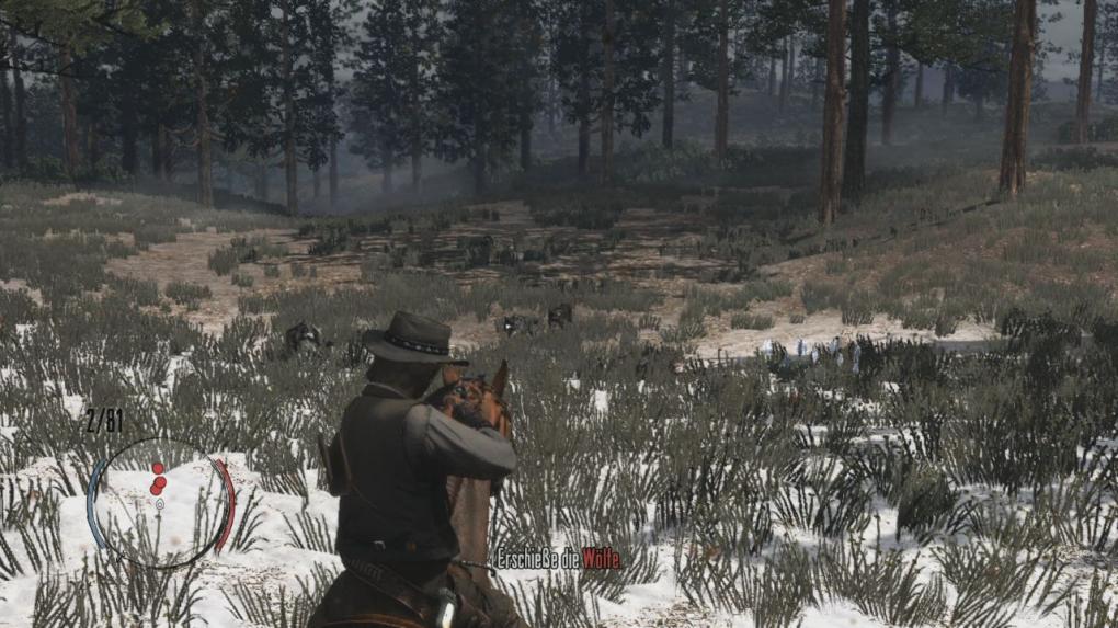 Steigt auf euer Pferd und folgt eurem Hund zu den Wölfen. Sobald ihr auf das erste Rudel trefft, erledigt ihr die drei Wölfe. Anschließend folgt ihr wieder eurem Hund.