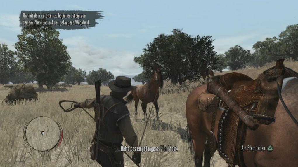 Sobald ihr eines der Pferde mit eurem Lasso gefangen habt, wartet ihr bis das Pferd ruhig ist und sich nicht mehr vom Lasso lösen kann. Im richtigen Moment steigt ihr von eurem Pferd ab und haltet das eingefangene Pferd fest, sodass ihr es anschließend zureiten könnt.