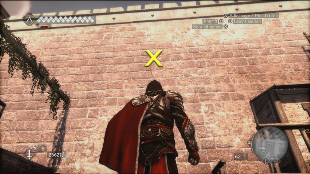 Assassin's Creed: Brotherhood Komplettlösung: Glyphen-Rätsel Nr. 1: Die erste Glyphe befindet sich an der mit dem X markierten Innenseite der östlichen Mauer der Prätorianer-Burg. Klettert dazu einfach die Wand empor. (2)