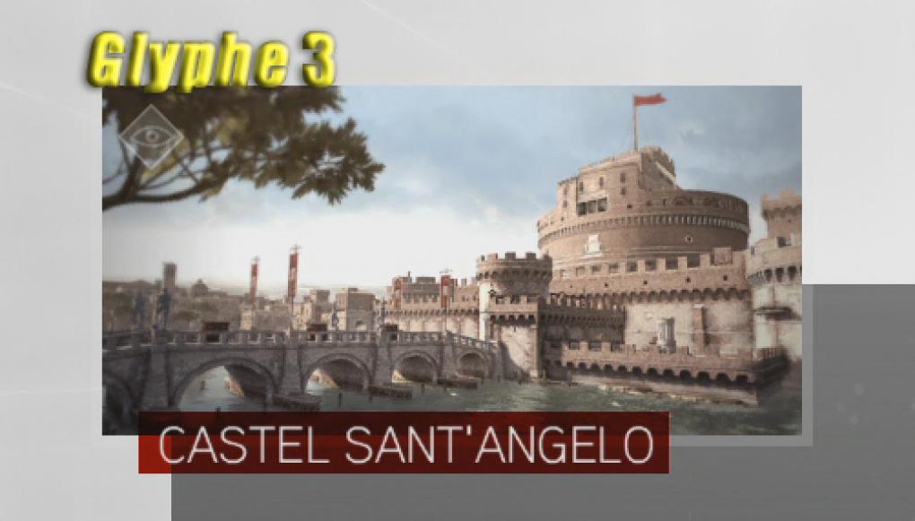 Assassin's Creed: Brotherhood Komplettlösung: Glyphen-Rätsel Nr. 3: Glyphe Nr. 3 ist an der abgebildeten Mauer des Papst-Schlosses. Schleicht euch über die Brücke an den Wachen vorbei und klettert die Burgmauer hoch. Von hier aus springt an den Vorsprung neben dem Rundfenster und ihr seid da. (1)