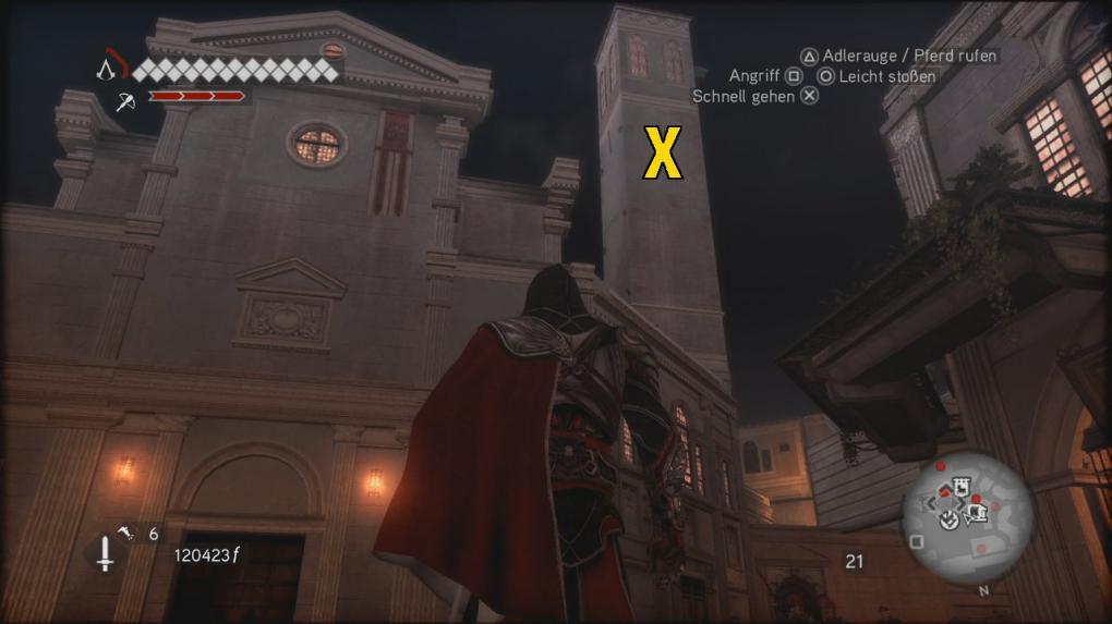 Assassin's Creed: Brotherhood Komplettlösung: Glyphen-Rätsel Nr. 4: Euer nächster Anlaufpunkt ist der Turm dieser Kirche ganz im Norden Roms. Klettert auf das Dach der Kirche und springt von dort an die Metallhalterung des Turmes. (2)