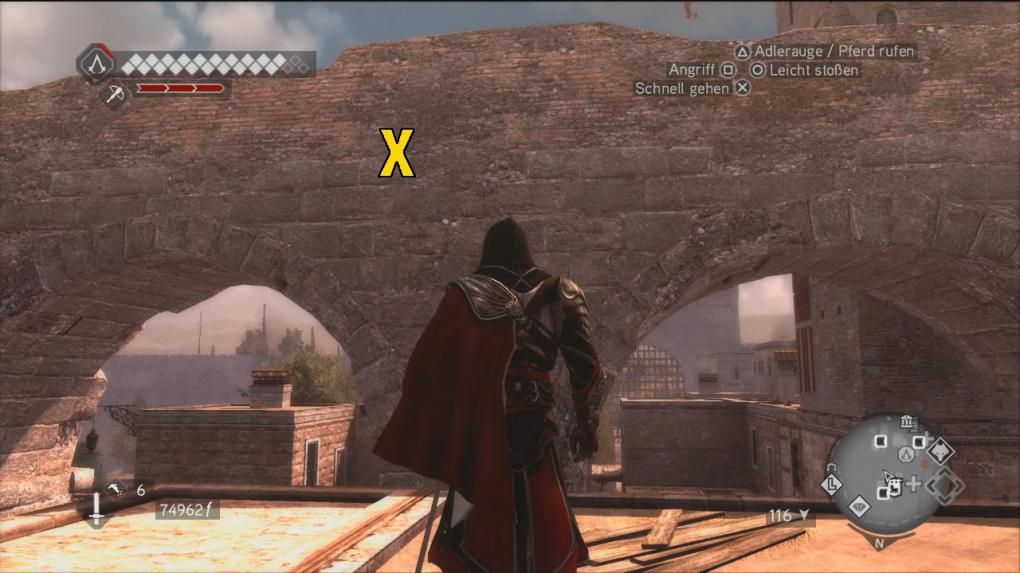 Assassin's Creed: Brotherhood Komplettlösung: Glyphen-Rätsel Nr. 7: Die siebte Glyphe ist richtig fies platziert. Ihr findet sie an der abgebildeten Stelle des Claudia-Aquäduktes (siehe Karte). Um die Glyphe zu erreichen, müsst ihr jedoch über eine Holzleiter weiter westlich erst auf die Wasserstraße hoch und euch fallen lassen. (2)
