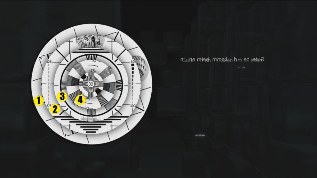 Assassin's Creed: Brotherhood Komplettlösung: Glyphen-Rätsel Nr. 8: Startet mit einer Linksrotation der Kombination 3 & 4. Darauf folgen zwei Drehungen der Scheiben 1 & 4 nach rechts. Vier Linksdrehungen mit 1 & 3 später erstrahlt das Bild in altem Glanz.