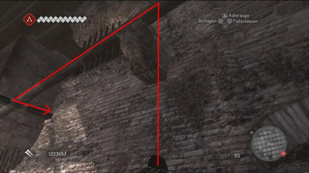 Über den Querbalken lauft ihr zurück bis zum Lock in der Wand und springt auf das Mauerstück. Folgt weiter dem Weg bis kurz nach dem Tor.