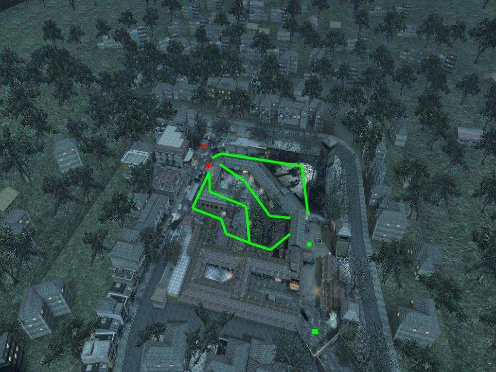 Capture the Flag - Das grüne Quadrat ist der Startpunkt der Black Ops, während die Speznas beim roten Quadrat beginnen. Die Sechsecke stellen die jeweilige Flagge da.