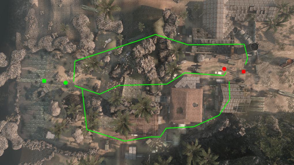 Capture the Flag - Das grüne Quadrat ist der Startpunkt der Black Ops, während die Speznas beim roten Quadrat beginnen. Die Sechsecke stellen die jeweilige Flagge da.