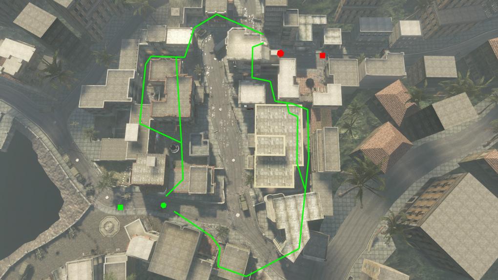 Capture the Flag - Das grüne Quadrat ist der Startpunkt der Black Ops, während die Speznas beim roten Quadrat beginnen. Die Sechsecke stellen die jeweilige Flagge da.