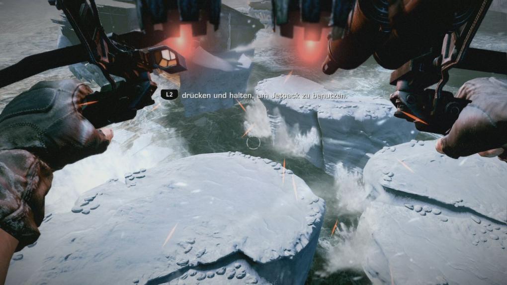 Nach den Jetpack-Gegnern bekommt ihr selbst das Jetpack. Fliegt mit ihm zu einer Plattform. Auf dieser befindet sich eine Flak-Stellung. Kämpft euch bis zu ihr durch und platziert in dem Raum unter der Flak eine Bombe. Zur Flak führen mehrere Wege. Einmal eine Treppe im hinteren Teil oder per Jetpack im vorderen Teil. Allerdings ist die Treppe etwas leichter, weil ihr dann auf weniger Gegner auf einmal trefft.