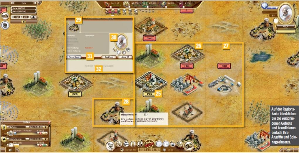 Reborn Horizon - Das Interface in der Übersicht: 25 - Regionskarte, 26 - Feindliche Siedlungen, 27 - Täler, 28 - NPC-Gegner, 29 - Informationen, 30 - Avatar, 31 - Truppenbefehle, 32 - Truppenbesetzung-Infos