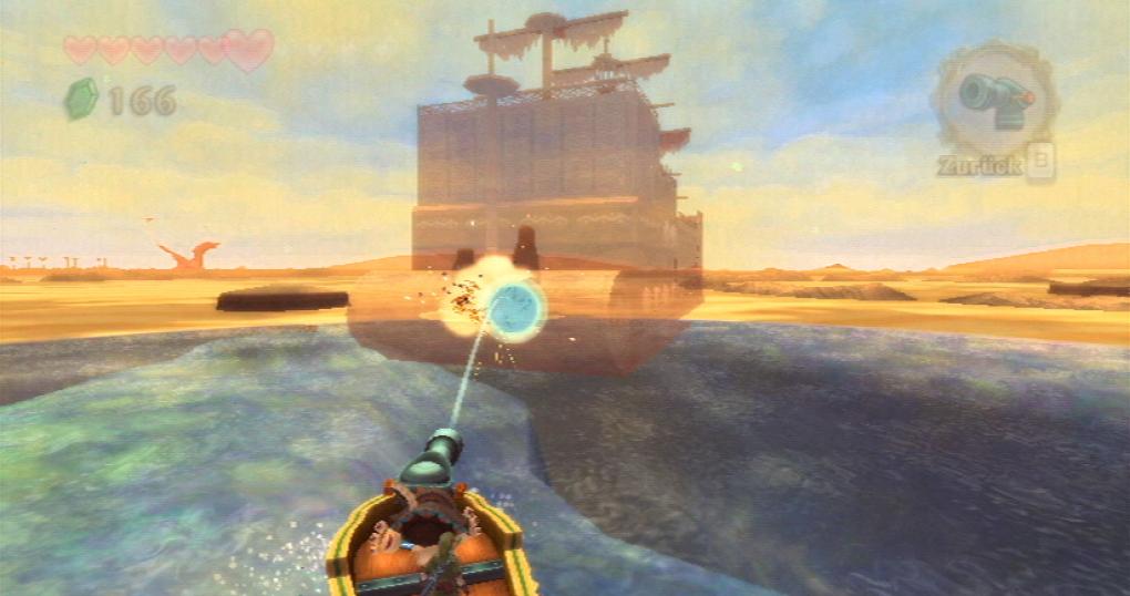 Mit dem Boot einem Schiff folgen. 