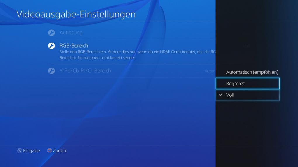Wirkt euer Spielebild zu kontrastreich oder zu fahl, lohnt sich das Experimentieren mit dem RGB-Bereich in den Video-Optionen der PS4.