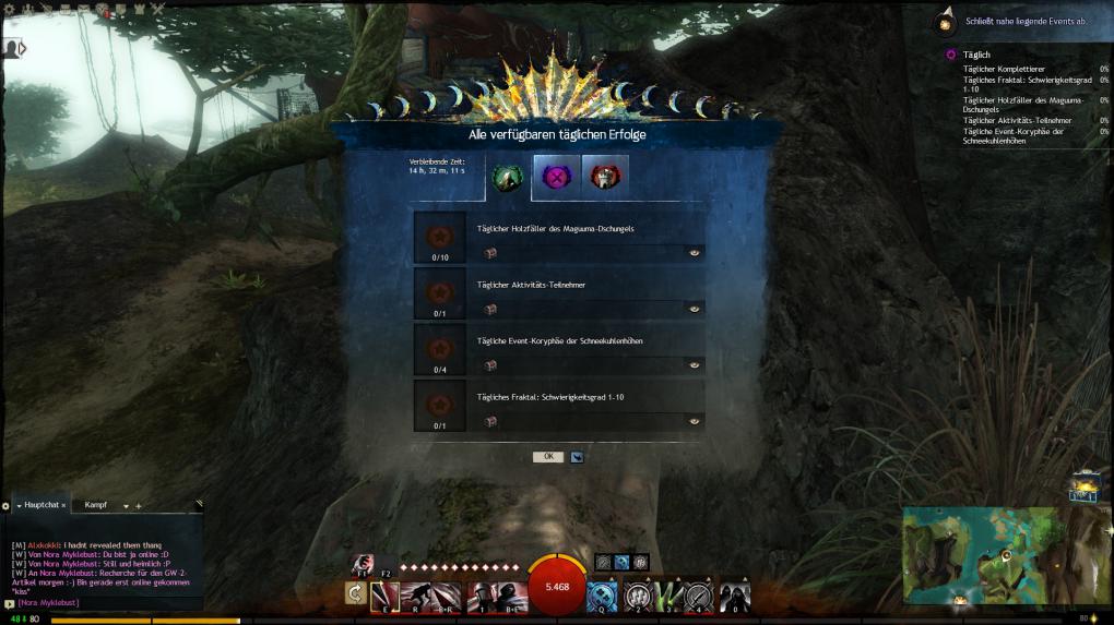 Einsteiger-Guide für Guild Wars 2: Meistert drei der täglichen Aufgaben, um euch Erfolgspunkte zu erspielen.