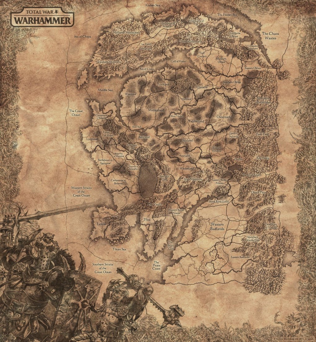 Eine frühe Version der Provinzkarte zeigt in etwa die Umrisse der Alten Welt, dem Schauplatz von Total War: Warhammer.