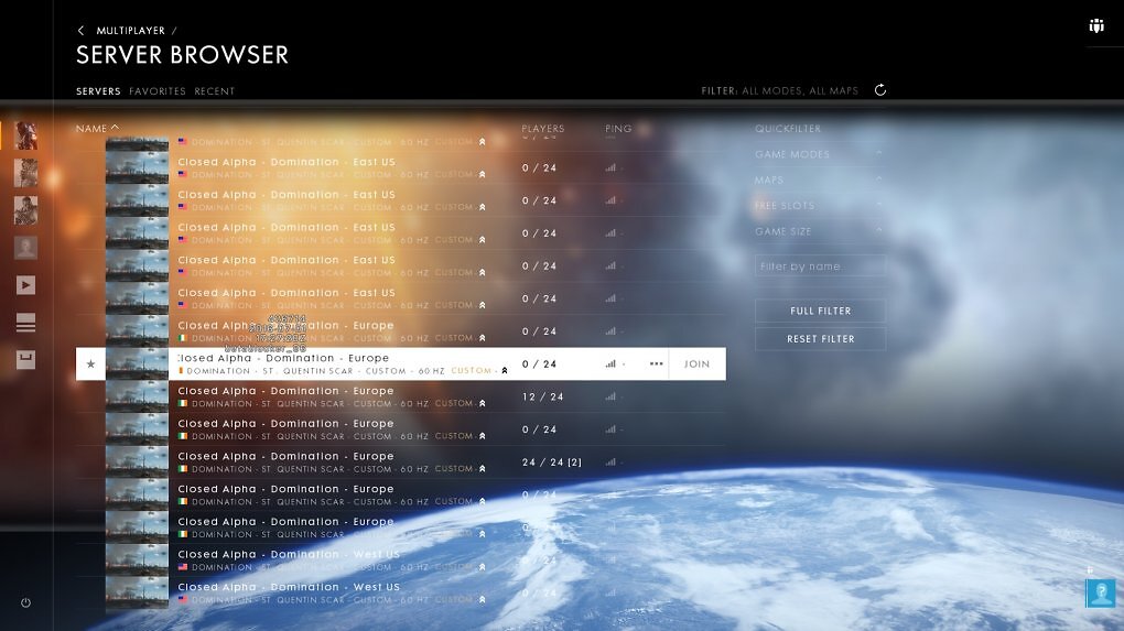 Der Serverbrowser in BAttlefield 1