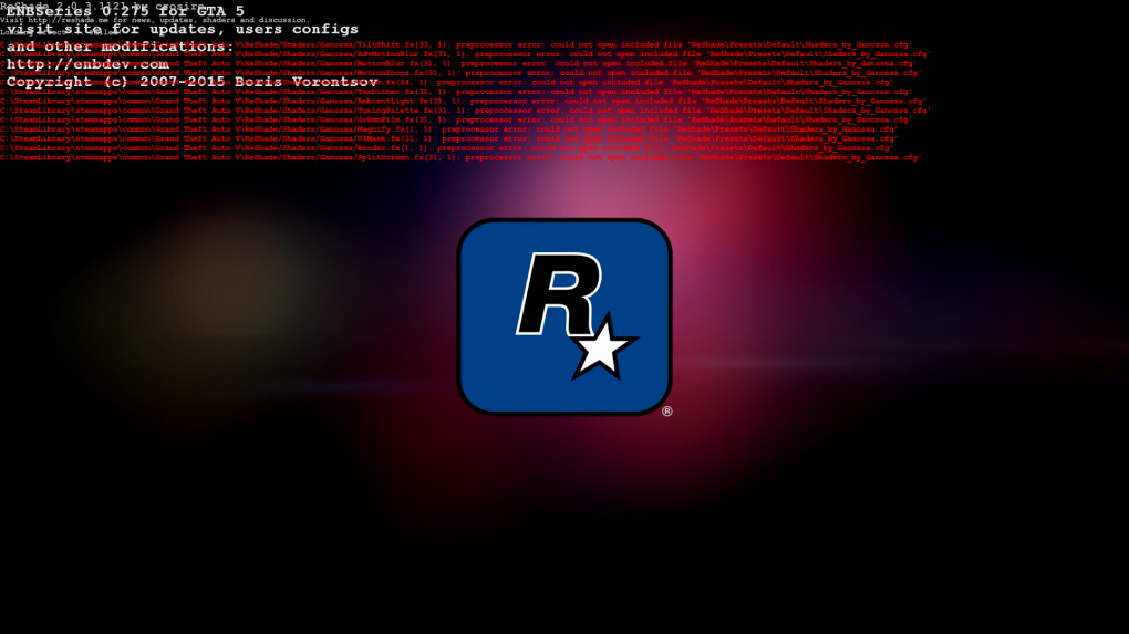Die roten Texteinblendungen zum Spielstart mit Shader-Preset kennzeichnen schwere Fehler.