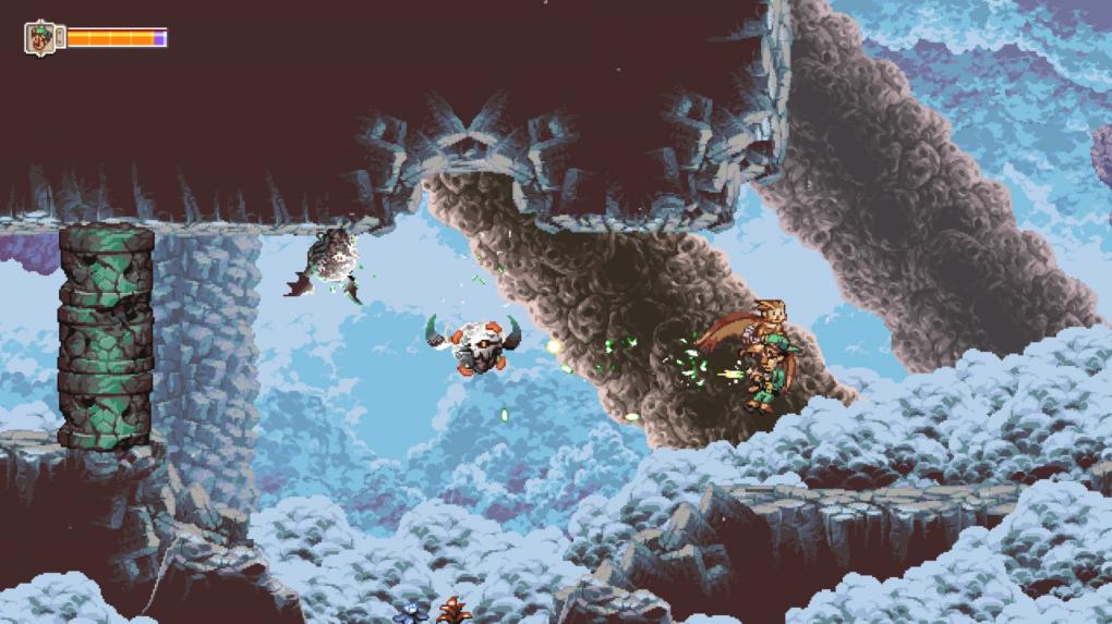 Otus trägt Geddy durch die Lüfte. Wie in einem Twinstick-Shooter ballern wir mit dem Soldaten frei in alle Richtungen. 