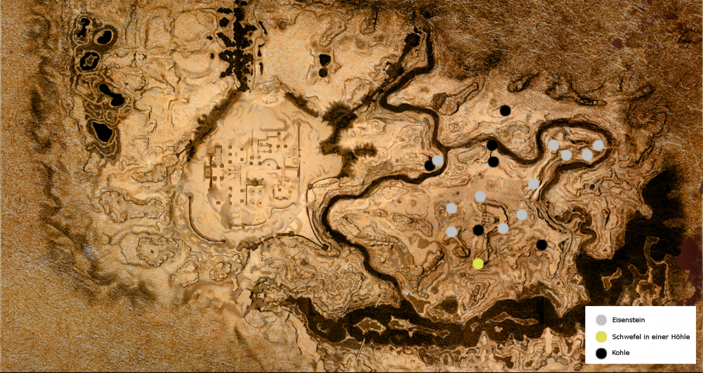 Auf dieser Map haben wir euch Vorkommen an Eisenstein und Kohle sowie eine Schwefelhöhle markiert. Es gibt noch weitere Orte, die allerdings viel mehr Gefahren beinhalten.