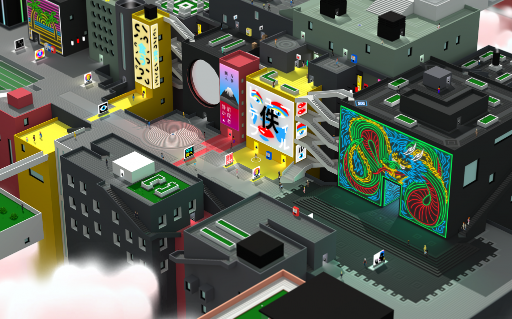 In der futuristischen Version Tokios erstrahlt alles in blassen Farbtönen und die Häuser wirken blockartig.