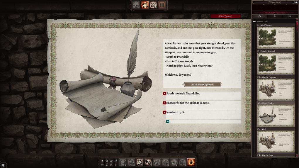 In solchen Vignetten wird die Handlung voran getrieben. Der Gamemaster kann auch während einer Partie die zur Verfügung stehen Antwortmöglichkeiten noch bearbeiten und so auf Wünsche der Spieler eingehen.