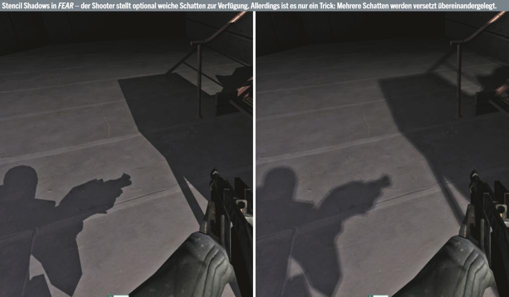Stencil Shadows in FEAR – der Shooter stellt optional weiche Schatten zur Verfügung. Allerdings ist es nur ein Trick: Mehrere Schatten werden versetzt übereinandergelegt.