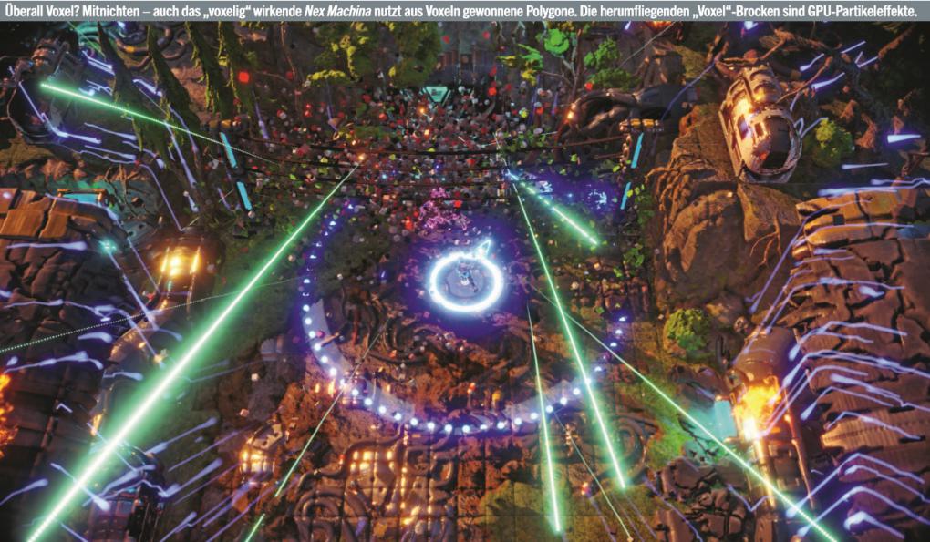 Überall Voxel? Mitnichten - auch das 'voxelig' wirkende Nex Machina nutzt aus Voxeln gewonnene Polygone. Die herumfliegenden 'Voxel'-Brocken sind GPU-Partikeleffekte.