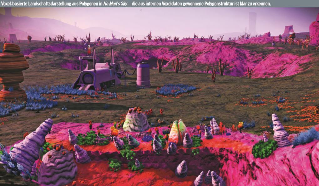 Voxel-basierte Landschaftsdarstellung aus Polygonen in No Man's Sky - die aus internen Voxeldaten gewonnene Polygonstruktur ist klar zu erkennen.