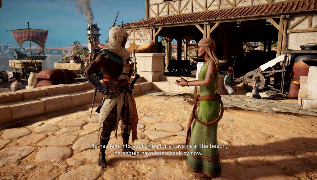 In Assassin's Creed Origins werden einige Nebenquests mit aufwändigen Zwischensequenzen im Stil der Story-Kampagne erzählt. Oft gibt's aber nur einen eher simplen Dialog mit fester Kameraperspektive.
