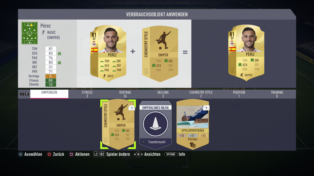 Pérez wird zum Sniper. Eine erhöhte Chemie steigert nur noch Dribbling und Schusswert. Diese dafür enorm.