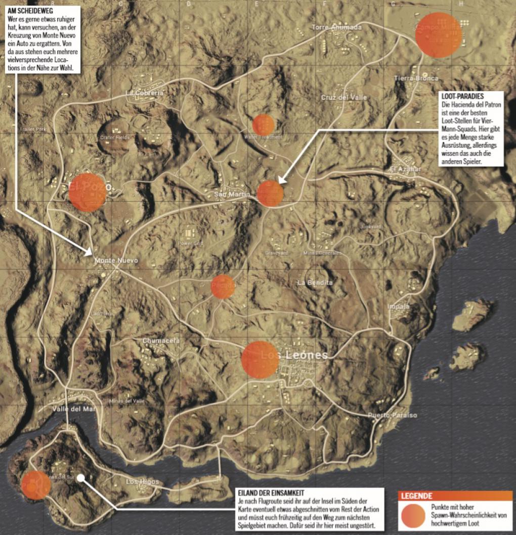 <strong>Die besten Startpunkte auf Miramar</strong>:&nbsp;Auf der Wüsten-Map gibt es die Möglichkeit, an der Küste ein Boot oder einen Jetski zu finden, vornehmlich in Porto Paraíso im Osten. Von dort ist es auch nur ein Katzensprung zum Städtchen&nbsp;Impala, in dem es meistens relativ ruhig zugeht – ideal für Einzelgänger, die in den ersten Spielminuten keine Lust auf Überlebenskampf haben. Hier gibt es unter anderem verlässlich&nbsp; Sturmgewehre zu finden – genau wie in La Cobrería im Nordwesten. Dort besteht auch eine gute Chance, ein Fahrzeug zu finden, allerdings ist hier meist mehr los als in Impala.