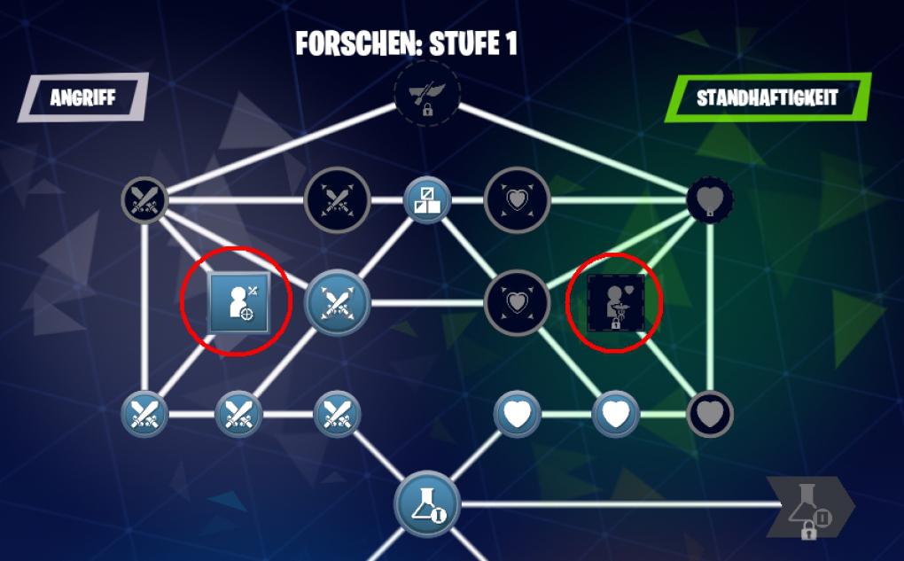 Tipps für Fortnite: Rette die Welt -&nbsp;Im Forschungs- und Fertigkeitenbaum schaltet ihr Slots für eure Überlebenden-Teams frei, erkennbar am Kronen- oder Figur-Symbol.