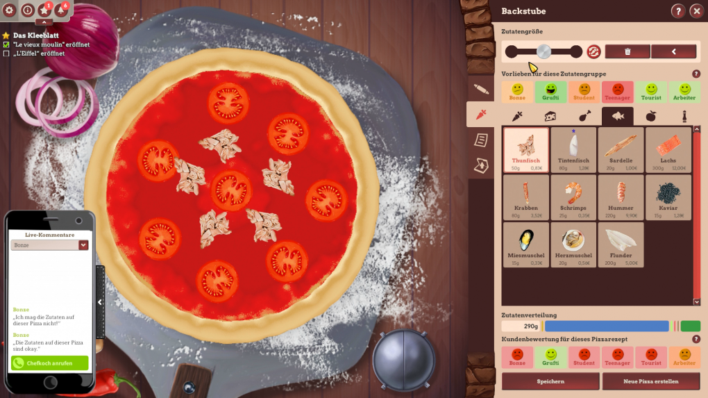 Der Pizza-Editor ist leicht zu bedienen. Allerdings ist es ein wenig schade, dass es keinen Unterschied macht, wie eine Teigfladen aussieht.