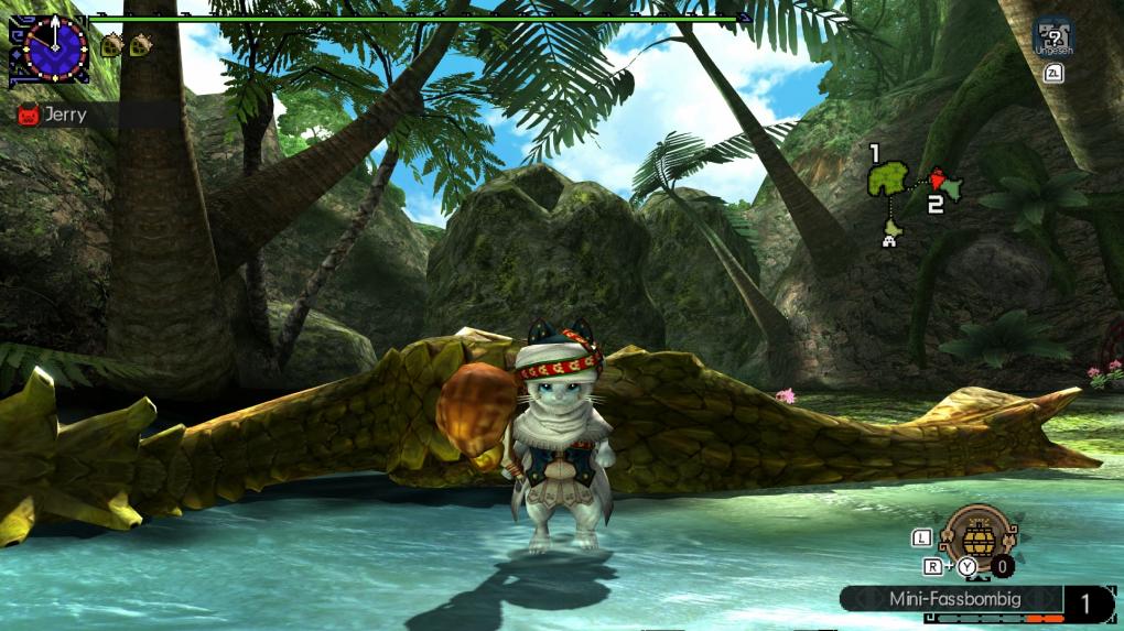 <strong>Monster Hunter Generations Ultimate</strong> im Test: Im Pirscher-Modus begeben wir uns als Felyne auf die Jagd. Die kleinen Racker sind schnell, nicht von Ausdauer abhängig und sammeln ohne Werkzeuge.