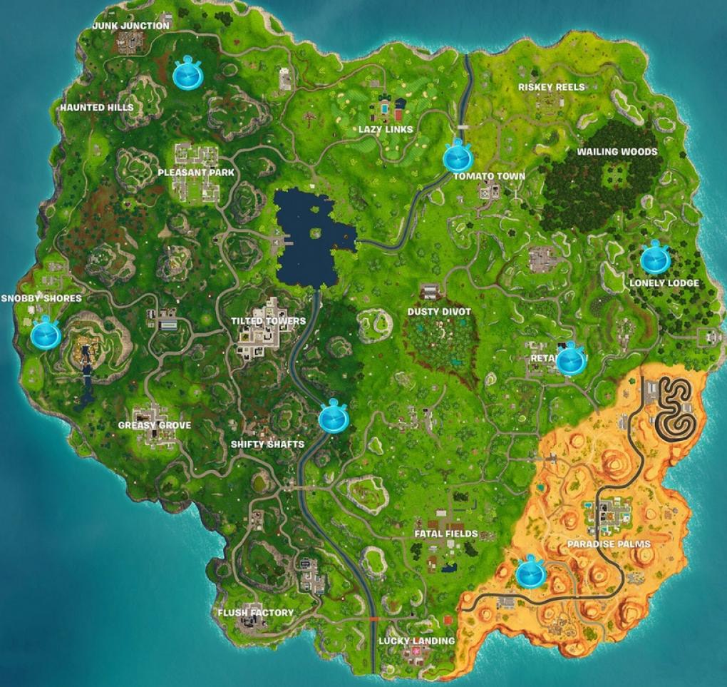 Karte der Spielwelt von Fortnite Battle Royale mit den Fundorten der Zeitprüfungen.