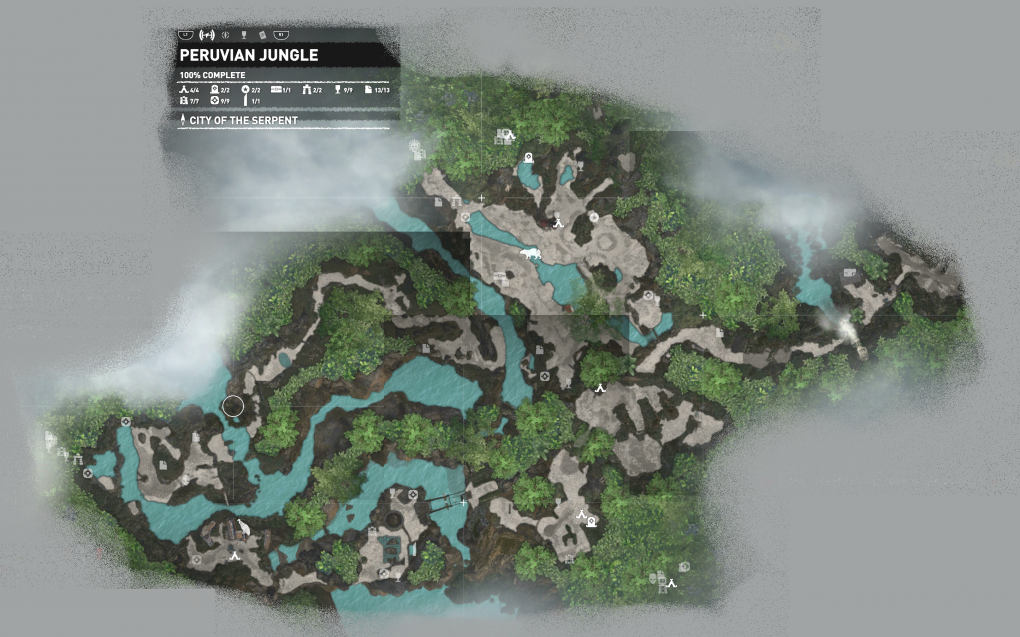 Der Peruanische Dschungel aus Shadow of the Tomb Raider mit einer Übersicht alles Sammelgegenstände des Levels. 