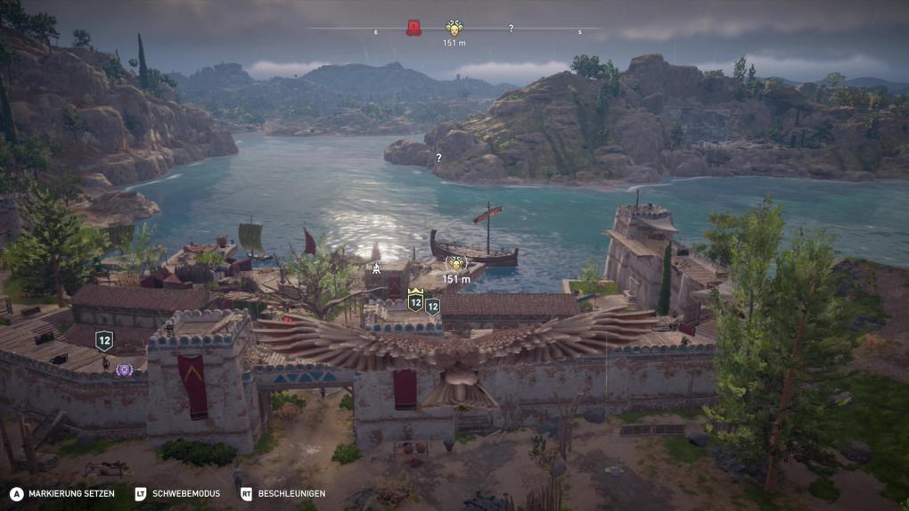 Der Hafen Nesaia aus Sicht von Adler Ikaros in Assassin's Creed Odyssey.