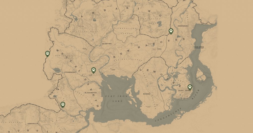 Die Standorte aller Trapper in der Spielwelt von Red Dead Redemption 2 auf der Karte.