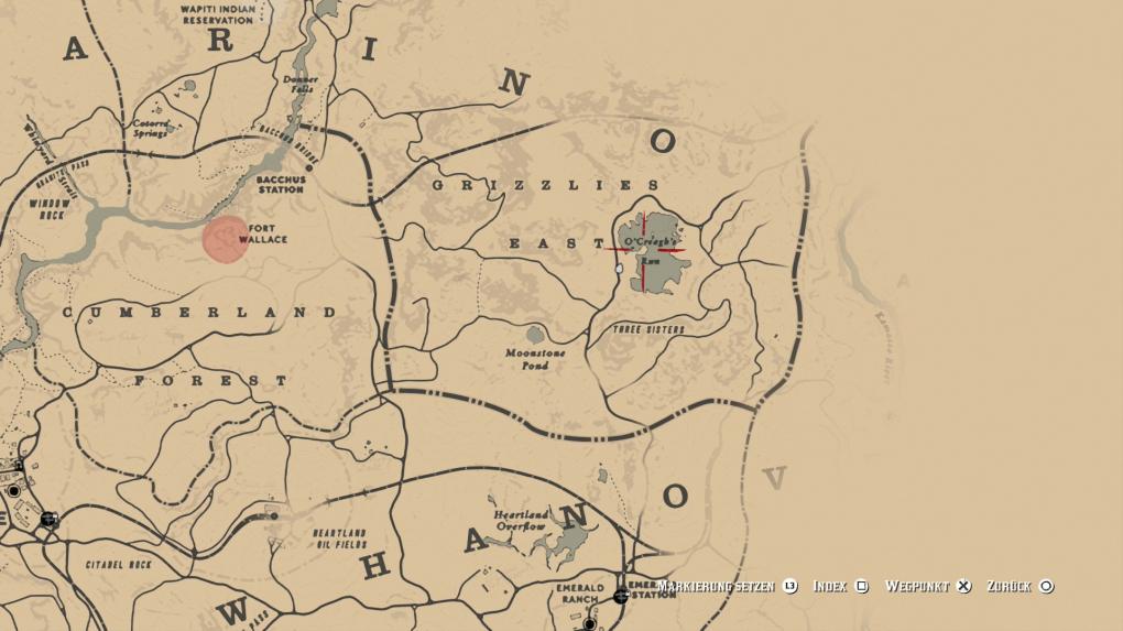 Dieser Fundort befindet sich nördlich der Emerald Station und östlich von Cotorra Springs bei O'Greagh's Run. Achtet darauf, nicht zu nahe an Fort Walace vorbeizureiten!