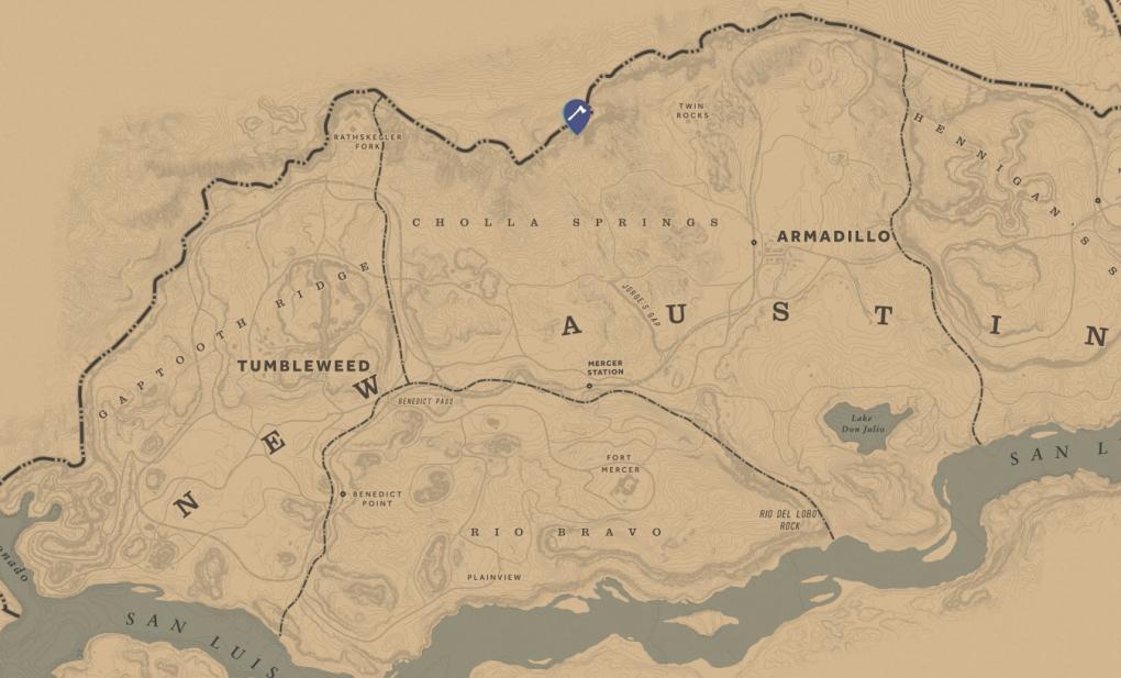 Schatzfundort von Otis Millers Revolver in Red Dead Redemption 2 auf der Karte der Spielwelt.