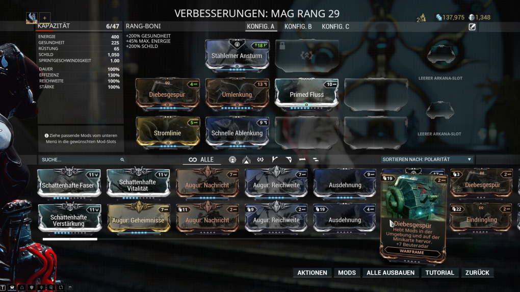 Die schiere Masse an verschiedensten Spielelementen wirkt vor allem zu Beginn des Spiels recht unübersichtlich. Über dieses Menü modifizieren wir etwa die Fähigkeiten unseres Warframes.