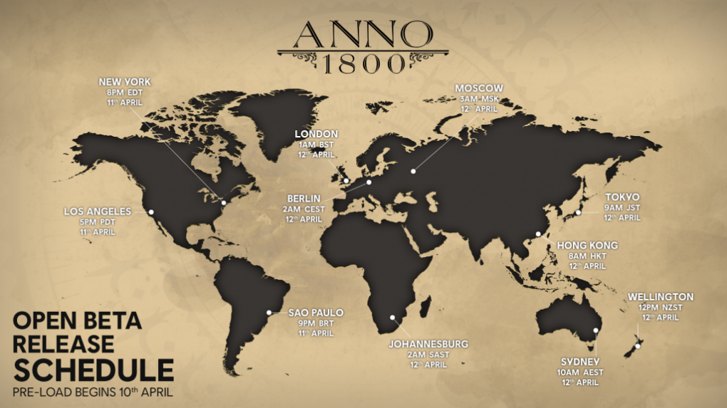 Die Startzeiten der Anno 1800 Open Beta.